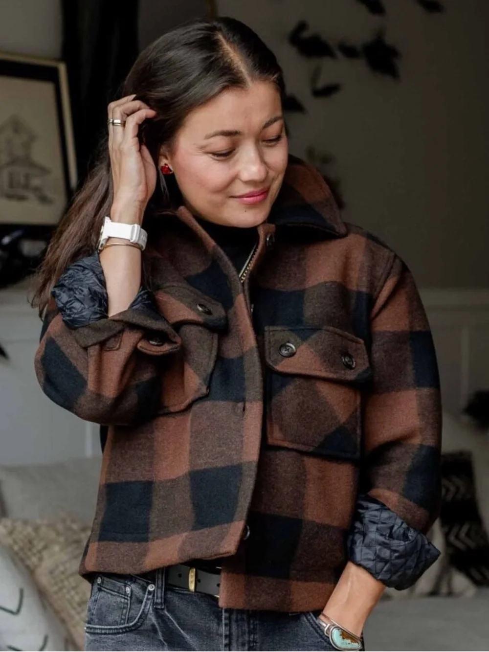 Free Assembly Women’s Brown & Black Plaid Wool-Blend Cropped Shacket
